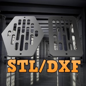Könnte beinhalten: Zwei Metall-Schablonen, eine sechseckige und eine rechteckige, mit einem sich wiederholenden Muster aus kleinen Quadraten. Die Schablonen befinden sich vor einem grauen und weißen Hintergrund. Der Text "STL/DXF" ist in Orange im Vordergrund gedruckt.