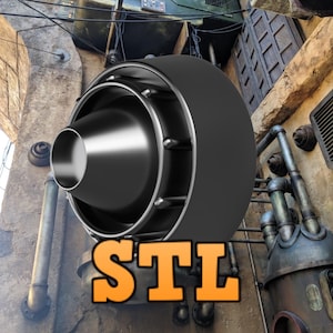 May include: A large, black, industrial-style exhaust fan with a round, metal casing and a large, round opening. The fan is mounted on a wall and has a silver, metal nozzle. The text "STI" is printed in orange on the wall below the fan.