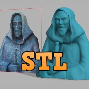 May include: A blue 3D printed statue of a person wearing a hooded robe. The statue is sitting with its hands clasped in front of it. The word "STL" is printed in orange letters in front of the statue.