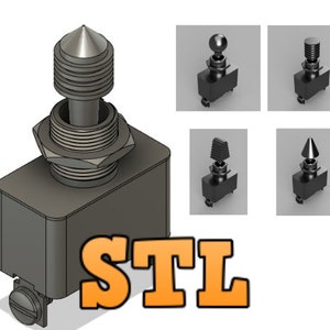 Puede incluir: Un interruptor de palanca negro con una variedad de opciones de pomo. El interruptor está en la posición de apagado y el pomo tiene forma de cono puntiagudo. STL está escrito en letras naranjas debajo del interruptor.