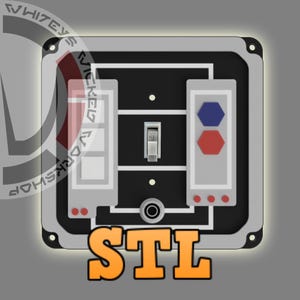 Puede incluir: Una placa de interruptor de luz cuadrada gris con un panel central negro. Cuenta con un interruptor basculante, dos luces indicadoras y las letras "STL" en naranja. La placa tiene un diseño retro e industrial.