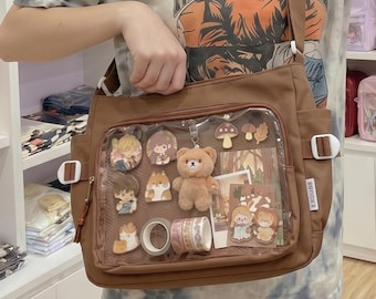 Bolsa mensageiro Ita de nylon, com janela transparente para exibir pins, estilo kawaii de bolsa escolar de anime.