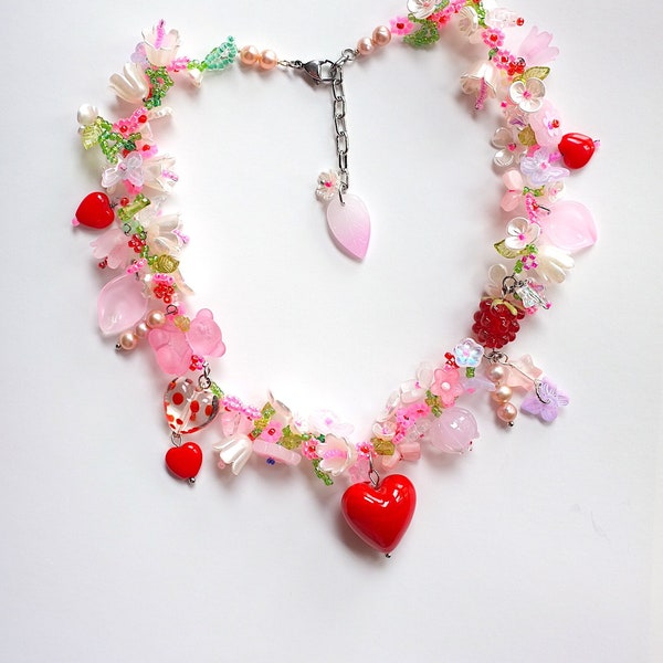 hand made fairy core pink flowers raspberry red heart pendant necklace,lamp work glass beads, bear,freshwater pearls.butterfly,cottage core