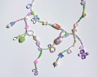 handmade freshwater pearls with light green purple pink glass beads necklace, teardrop,flowers,fairycore,nature inspired