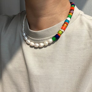 freshwater  pearls necklace with colorful lamp work glass beads, hand mede unisex jewelry, men necklace.unique design, gift for him