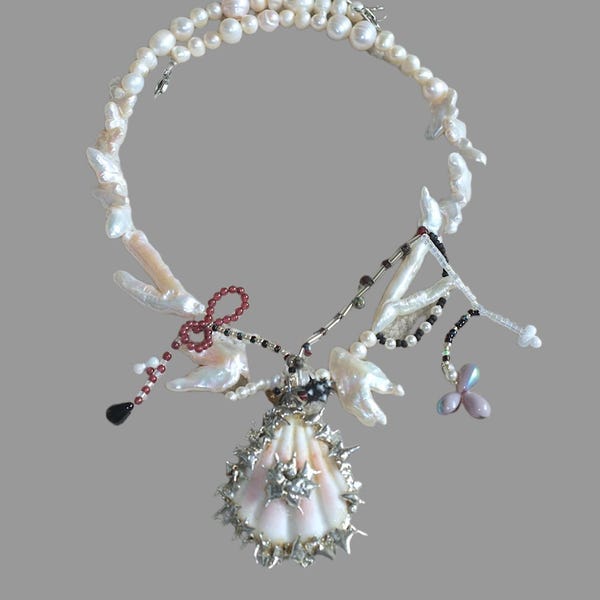 handmade freshwater baroque pearl spiky sea shell necklace, spiked shell.dark red.gothcore. raw crystal.ribbon/cross
