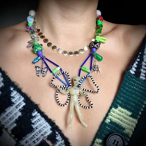 alien with butterfly necklace, hand made ,agate stones,Y2K style, unisex jewelry