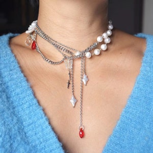 hand made keshi pearl with red tear drop beads necklace, gothic core,stars freshwater pearls, stainless steel hand wired choker.Y2K goth. image 3