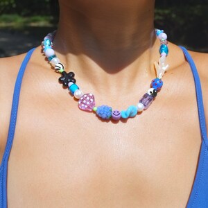 handmade freshwater pearls with lampwork mushroom octopus sea shell strawberry smily face yin yang necklace, unisex custom funky jewelry
