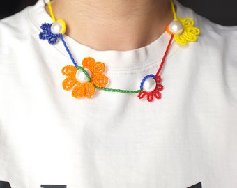 hand made colorful glass beaded flower necklace, unisex,custom,pearl,hand wired, sunflower, orange,red,blue,yellow