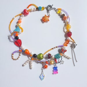 hand made freshwater pearls with glass beads orange gummy bear necklace,Y2k 90&#39;s style,fairycore,cottagecore.one of a kind unisex, autumn