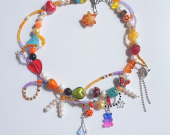 hand made freshwater pearls with glass beads orange gummy bear necklace,Y2k 90&#39;s style,fairycore,cottagecore.one of a kind unisex, autumn