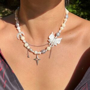 fresh water pearls with mother of pearl butterfly necklace, moon and starts hand made jewelry, fairycore unisex necklace,grey pearl