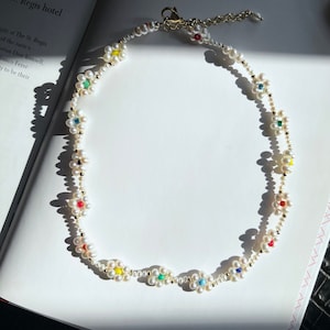 handmade fresh water mini pearl daisy necklace, rainbow colored, unisex jewelry,fairycore