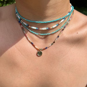3 Layer gemstone Turquoise tanzanite sea shell 14kgf gold filled necklace,mother of pearls mini size beads choker, handmade necklace.