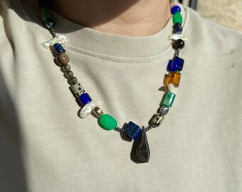 raw crystal in black with green jade and yin yang ,keshi fresh water pearls, hand made necklace, unisex,men necklace.