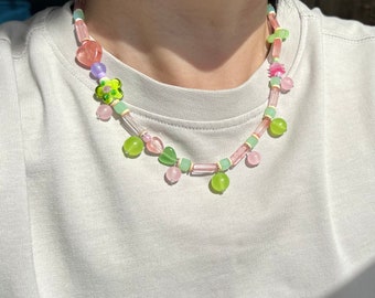 pink and light green natural stones necklace, hand made design, pink jade ,gift for her
