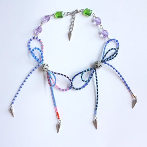 hand made glass beaded bow choker necklace, colorful,purple black blue,nature stones,crystal,hand wired,fairycore,custom.freshwater pearls