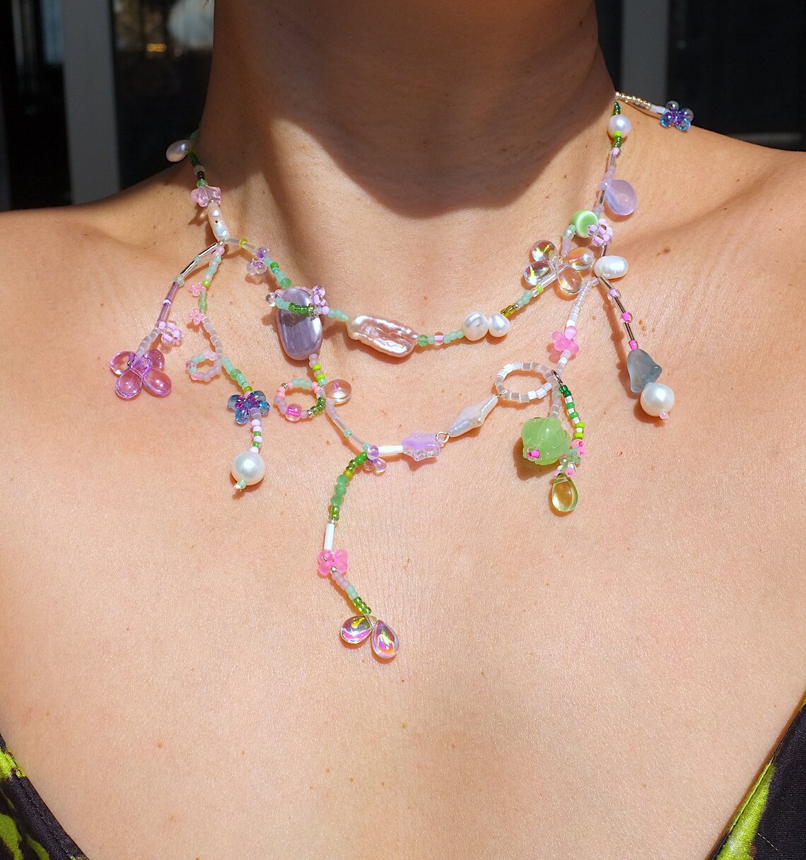Shot Glass On Beads Pink Floral Print Purple Beaded Necklace