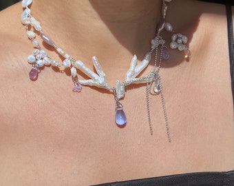 Handmade freshwater pearls choker necklace,fairycore,light purple teardrop, hand wired Y2K style,keshi pearl
