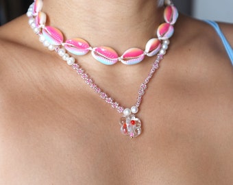 hand made pink sea shell knot necklace choker, freshwater with glass beads daisy chain layerd jewelry.sweet fairy core.beach vibes,holliday.