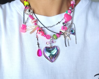 Hot Pink Glass Heart Pendant Necklace, Y2K Barbiecore Pearl