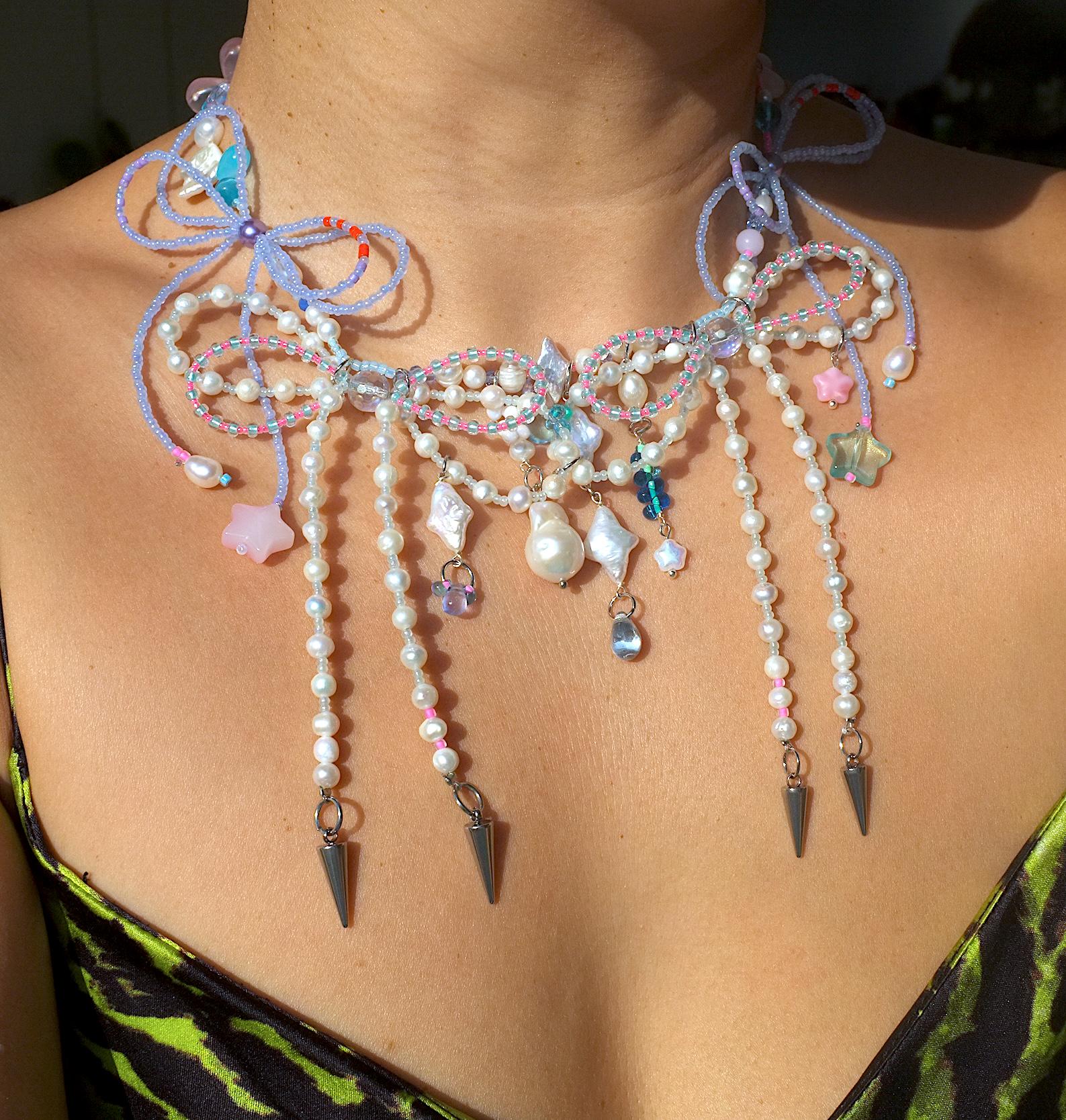 Handmade Baroque Pearl Necklace, Ribbons, Glass Beaded Fairycore