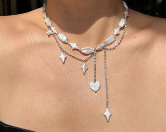 hand made fresh water keshi pearls choker necklace,star unisex,custom jewelry,stainless steel chain.