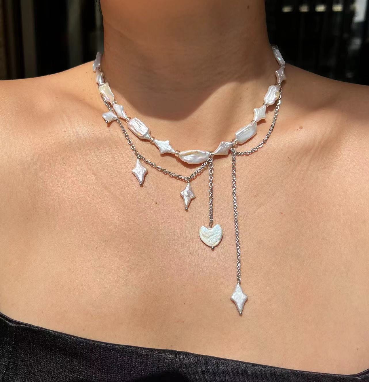 hand made fresh water keshi pearls choker necklace,star unisex,custom jewelry,stainless steel chain.