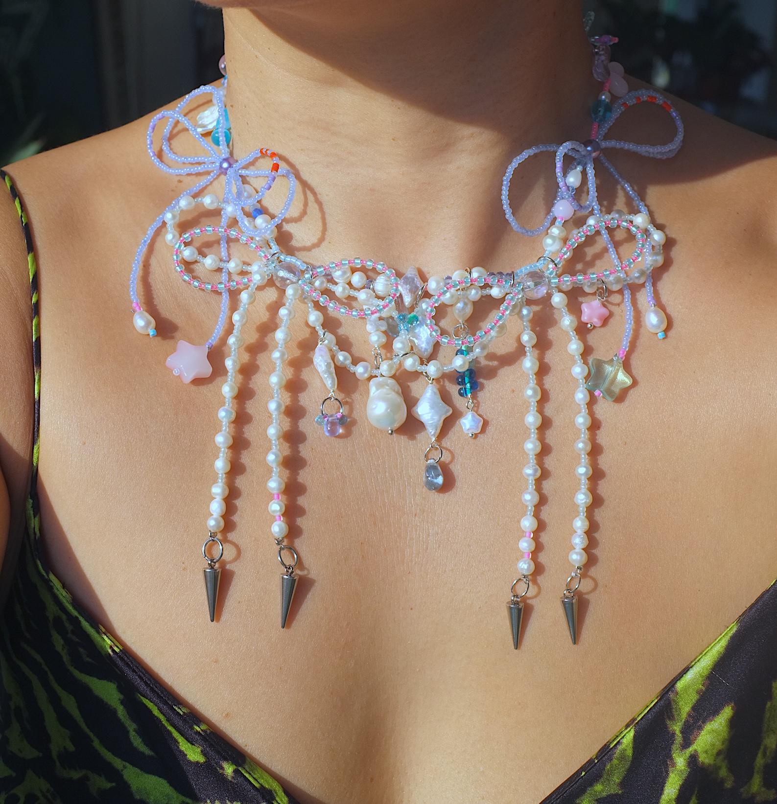 Handmade Baroque Pearl Necklace, Ribbons, Glass Beaded Fairycore