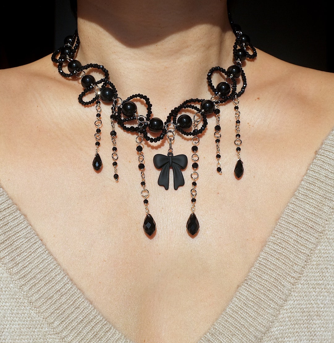 Handmade Black Bow Waterfall Choker/necklace.crystal,hand  display picture 1