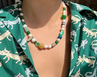 green jade with freshwater pearls hand made necklace, china style jade, unisex ,men jewelry, natural stones.