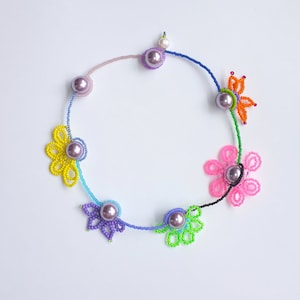 hand made neon color  flower necklace, colorful glass beads, beaded jewelry,fairycore,cottage core.unisex.light purple shell pearls.