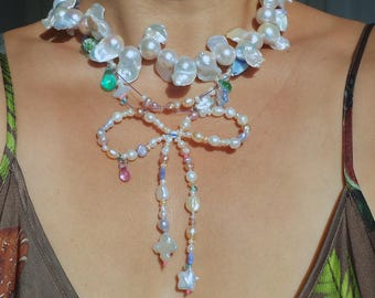 淡水無核ネックレス　ハンドメイド ハンドメイドの淡水真珠リボンランプワークガラスビーズネックレス