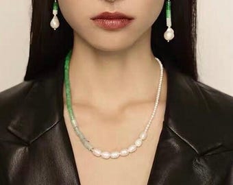 Handgemaakte groene jadeketting met zoetwaterparels, Chinese stijl
