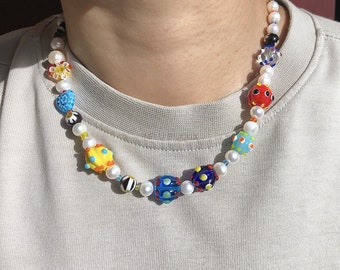 Lampwork Glasperle und Süßwasserperle Halskette, Flippiger Unisex Schmuck