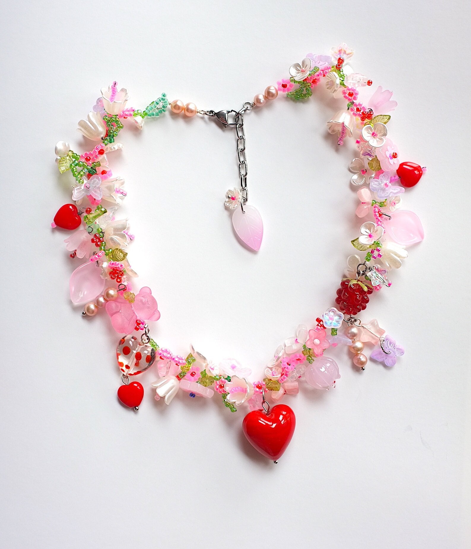 hand made fairy core pink flowers raspberry red heart pendant necklace,lamp work glass beads, bear,freshwater pearls.butterfly,cottage core