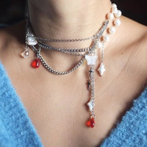 hand made keshi pearl with red tear drop beads necklace, gothic core,stars freshwater pearls, stainless steel hand wired choker.Y2K goth. image 6
