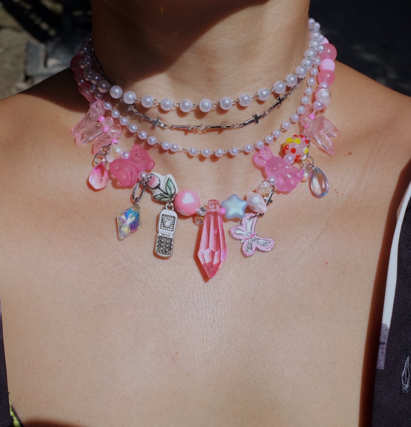 Handmade Y2K Pink Butterfly Layers Necklace, Pearls, Fairycore - Etsy