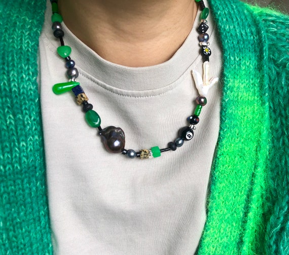 Handmade Green Jade & Keshi Pearl Necklace, Unisex Jewelry - Etsy