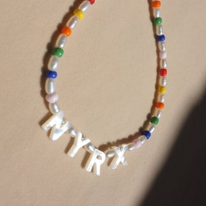 Custom name necklace, personalized mother of pearls name necklace for girls, freshwater pearls with colorful glass beads,rainbow color .