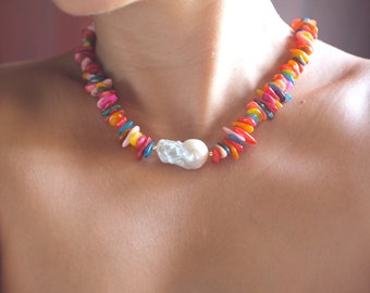 fresh water pearl with colorful sea shells hand made necklace, custom unisex jewelry.