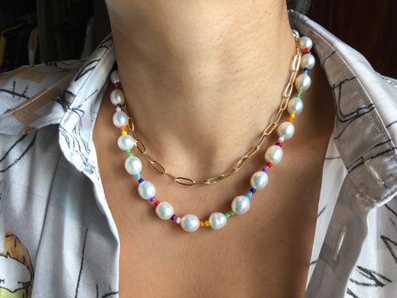 Men's Pearl Necklace with Hand-Painted Glass Beads