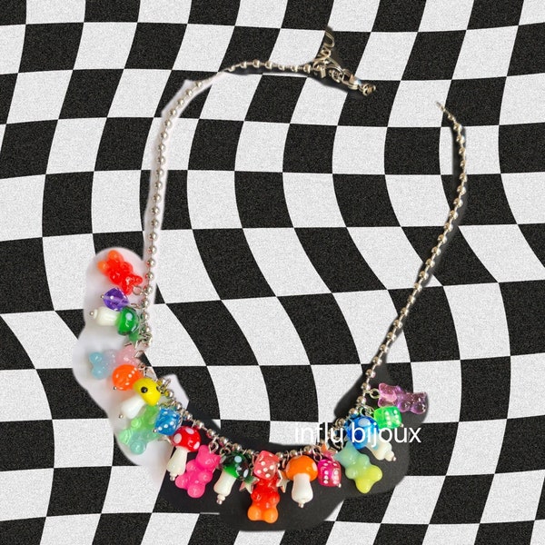 rainbow color gummy bear with mushroom necklace , Justin Bieber necklace,hand made, chunky jewelry, unisex