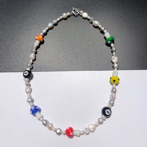 淡水真珠ネックレス、ランプワークマッシュルーム、ハンドメイドユニセックスジュエリー