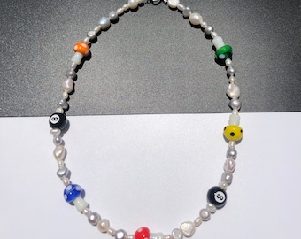 freshwater keshi pearls with lampwork mushroom necklace,g-dragon necklace, hand made jewelry, unisex,men jewelry.justin Bieber