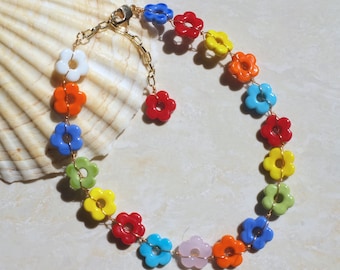 lampwork glass rainbow color daisy choker, hand made necklace, unisex jewelry,fairycore
