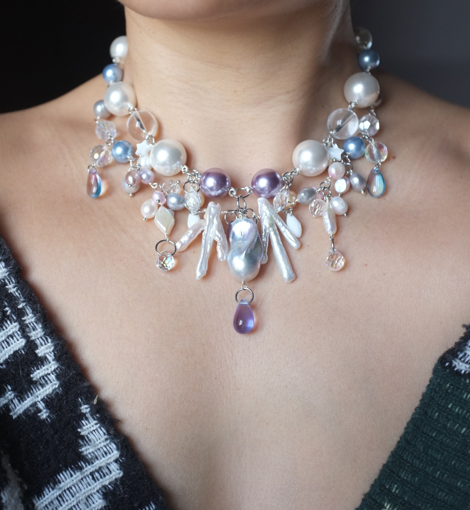Handmade Freshwater Baroque Pearl With Glass Teardrop Necklace