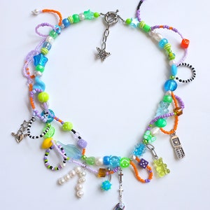 hand made colorful freshwater pearls with crystal necklace, lime green blue, gummy bear, butterfly heart pendant.Y2k 90's style.