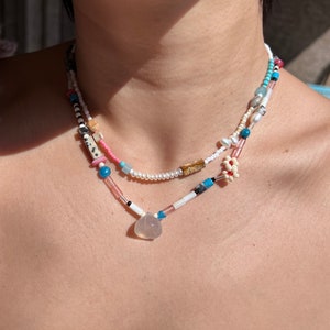 daisy chain jade stone lotus necklace, hand made, natural stones, glass beaded,gemstone.cottagecore.